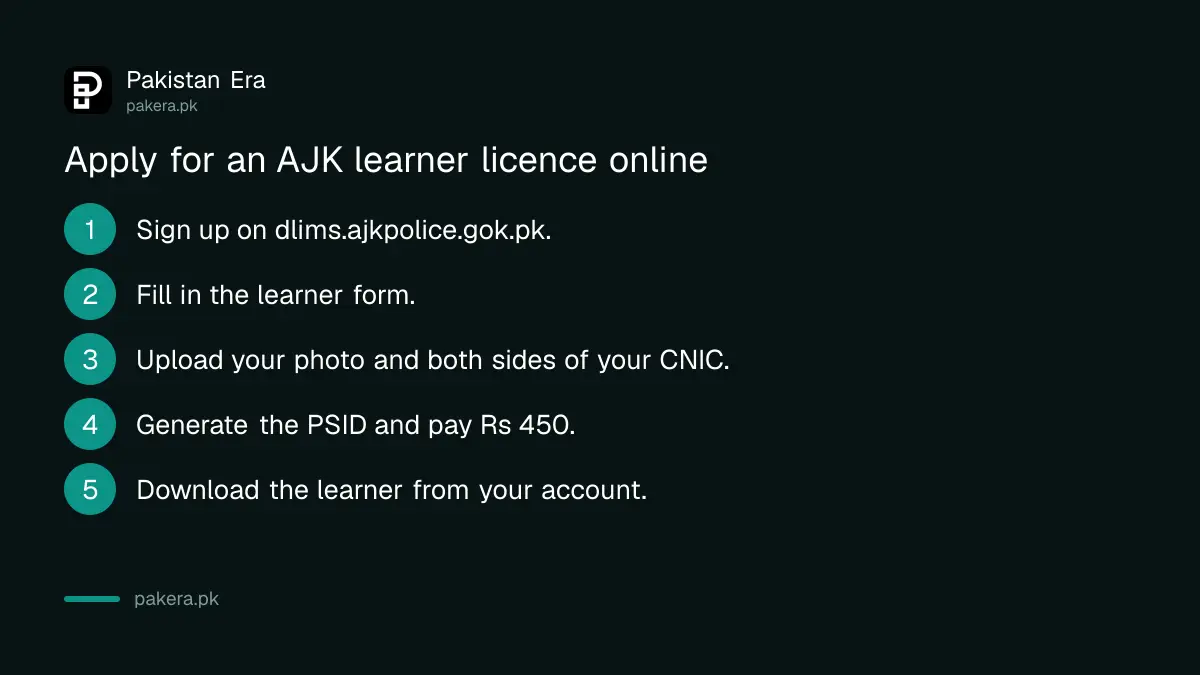 Five steps to apply for an AJK learner driving licence online on the DLIMS portal