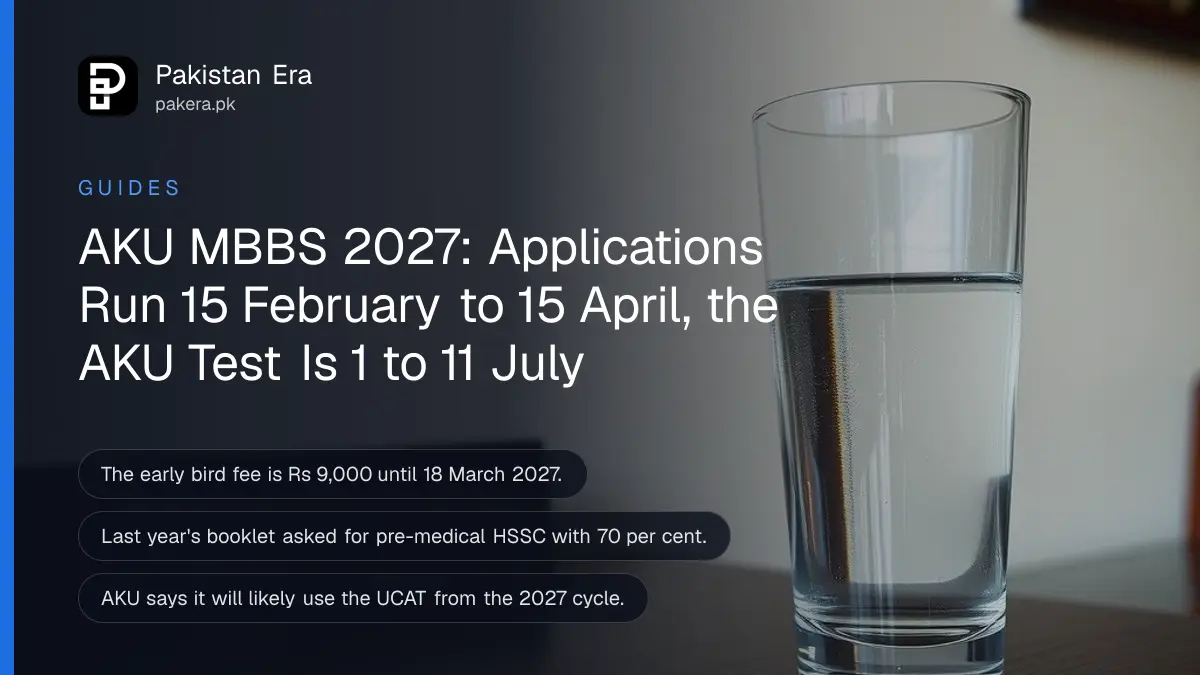 A clear water glass on a dark wooden table, for a guide to Aga Khan University MBBS admission in Pakistan