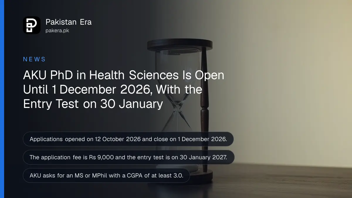 A glass hourglass on a dark wooden table, for news on the Aga Khan University PhD deadline in Pakistan