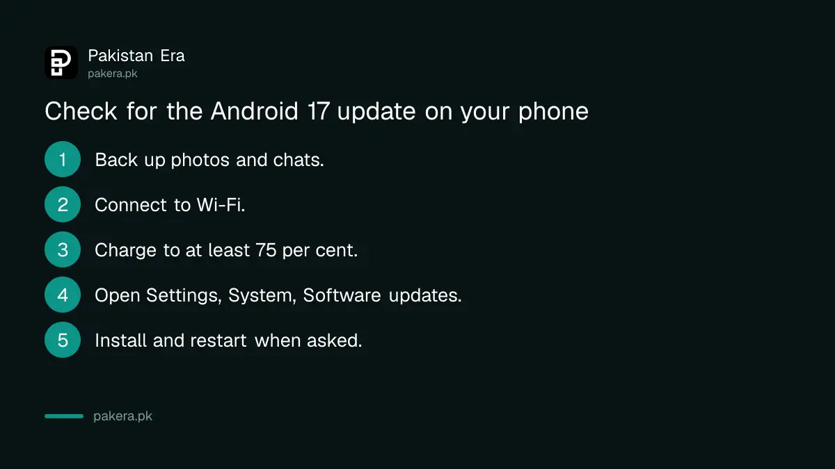 Steps to check for and install the Android 17 update on an Android phone