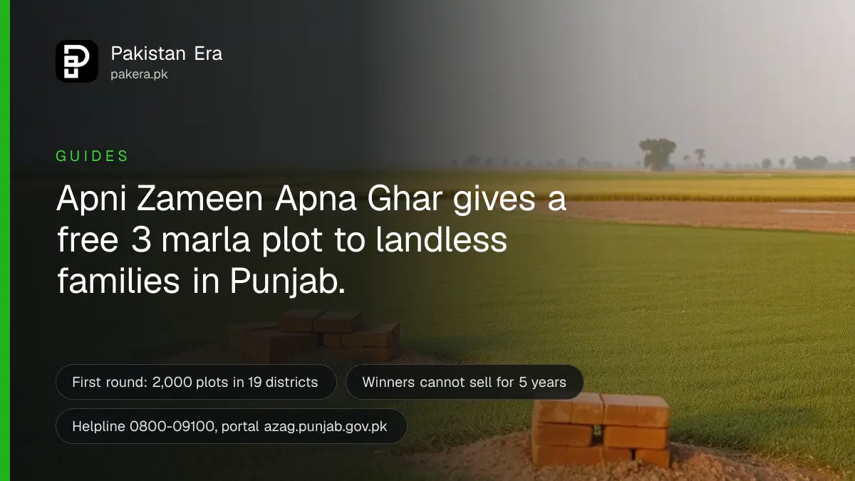 Bare green plot of open land in a Punjab housing scheme with brick markers at dusk
