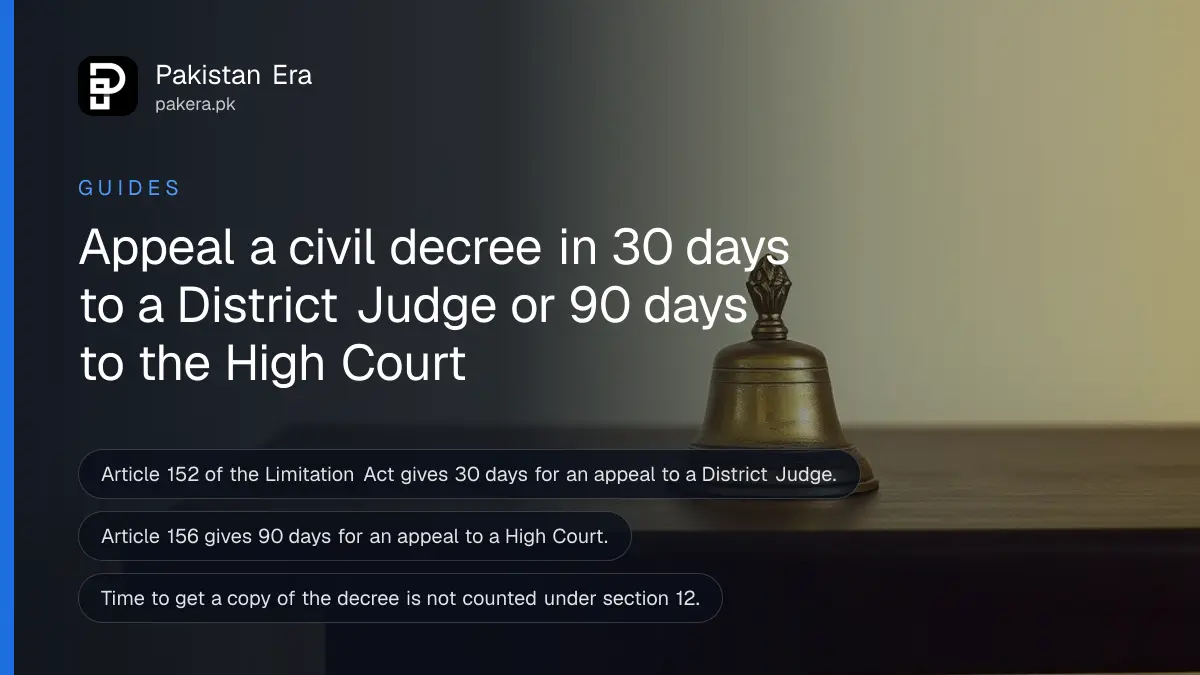 A brass bell on a dark wooden table, for a guide to the time limit to appeal a civil court decree in Pakistan