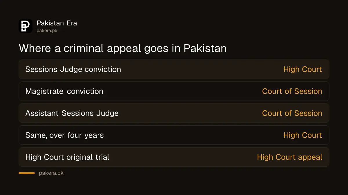Which court hears a criminal appeal in Pakistan depending on the trial court
