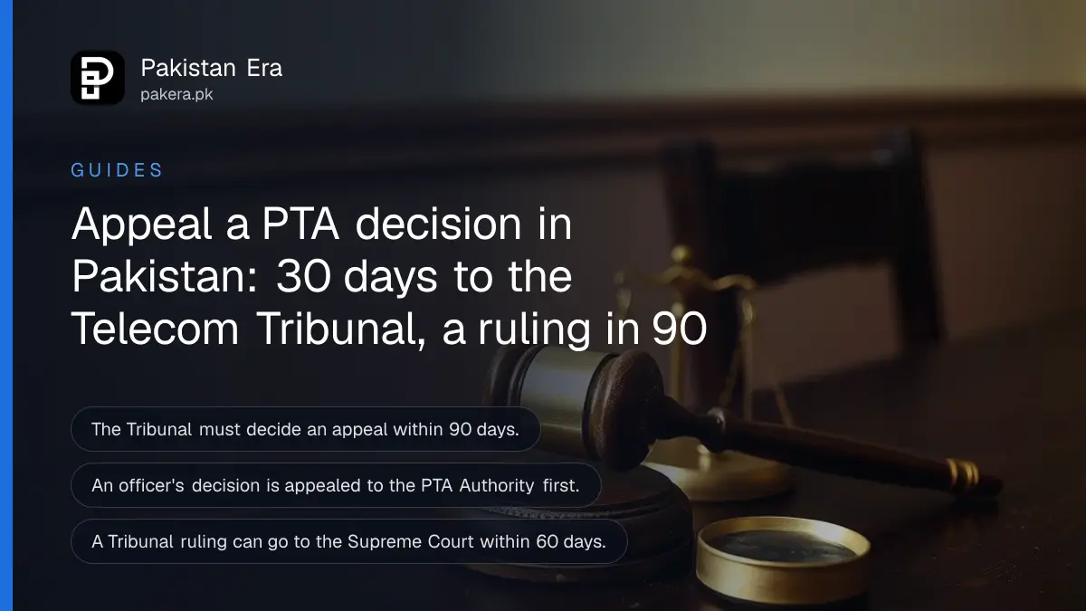 A closed wooden gavel and a small brass scale on a dark wooden table, for a guide to appealing PTA decisions in Pakistan