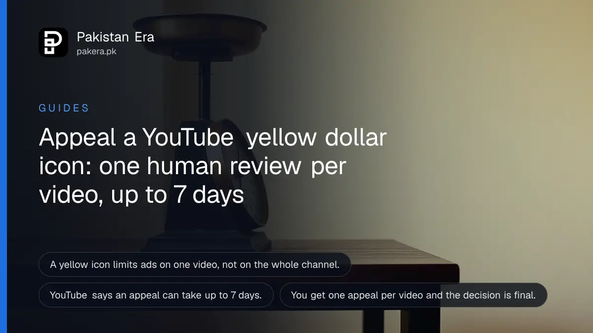 A brass weighing scale on a dark wooden table, for an article on appealing a YouTube yellow dollar icon in Pakistan