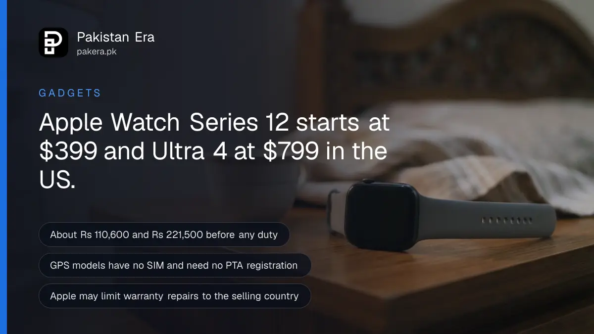 A smartwatch with a dark face resting on a wooden bedside table in an Islamabad bedroom