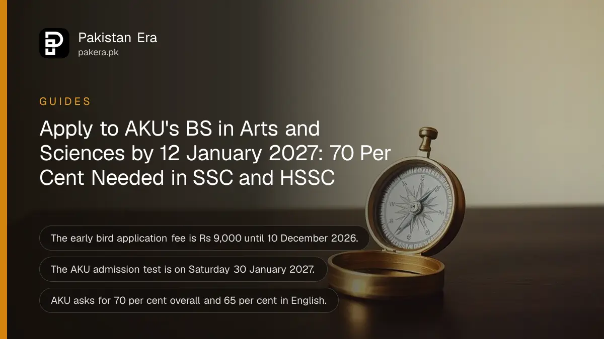 A brass compass on a dark wooden table, for a guide to Aga Khan University BS admission in Pakistan