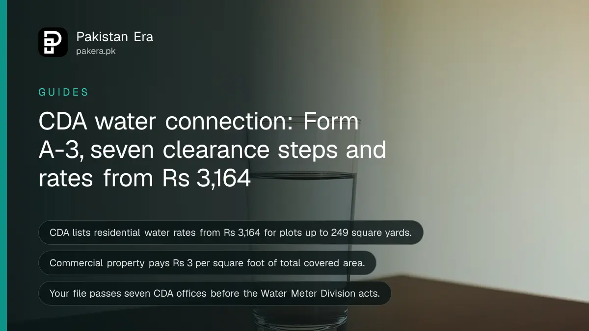 A clear glass of water on a dark wooden table, for a guide on CDA water connections in Islamabad