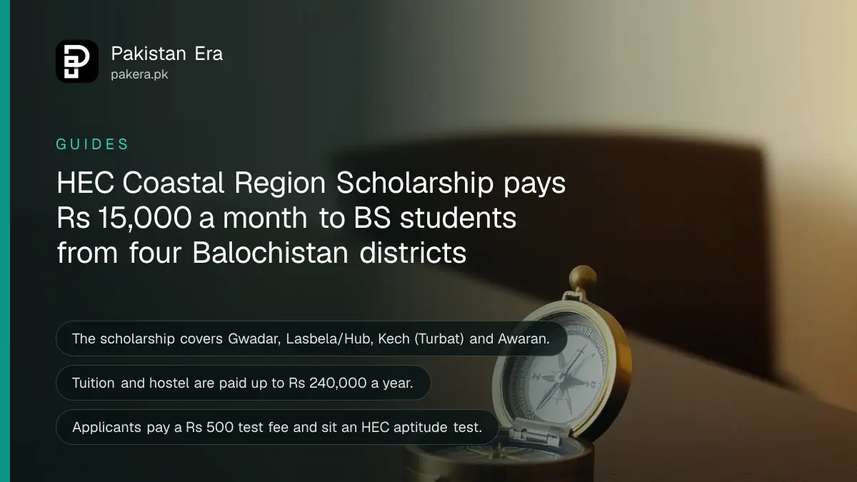 A brass compass on a dark wooden table, for a guide to the HEC Coastal Region scholarship in Balochistan