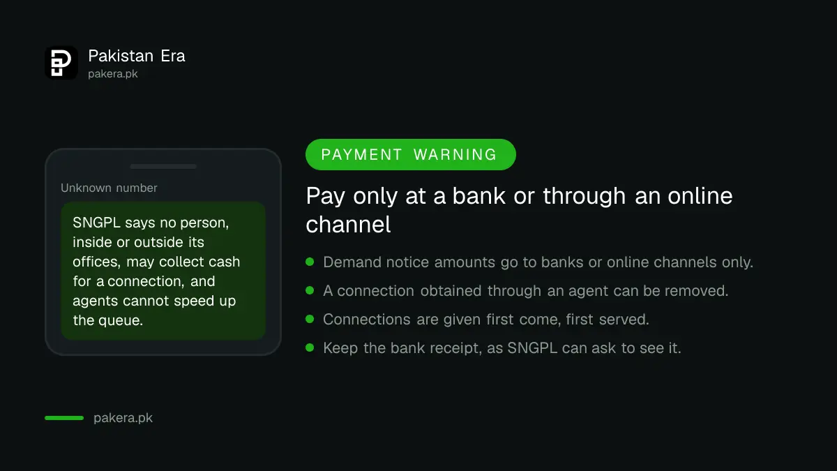 Warning that SNGPL accepts payment only through banks and online channels