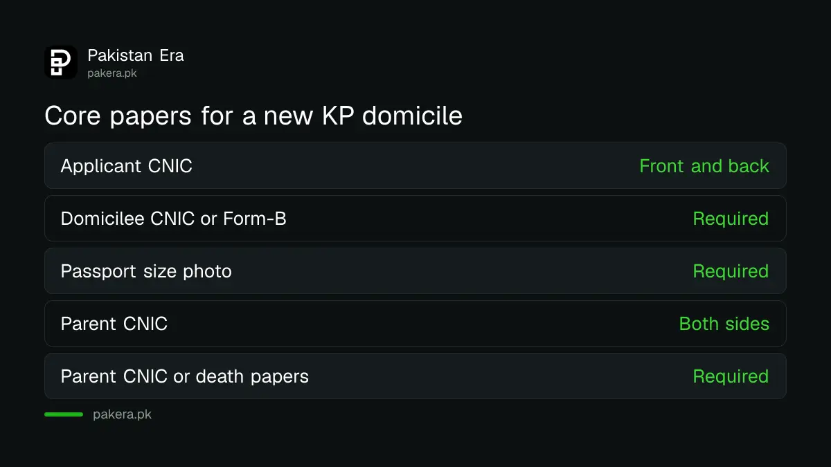 Documents the KP portal requires for a new domicile certificate in Khyber Pakhtunkhwa