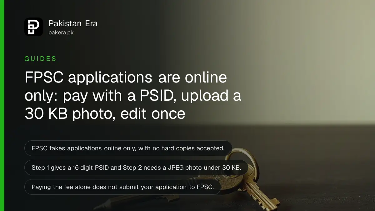 A brass key on a dark wooden table, for a guide to applying for an FPSC job online in Pakistan