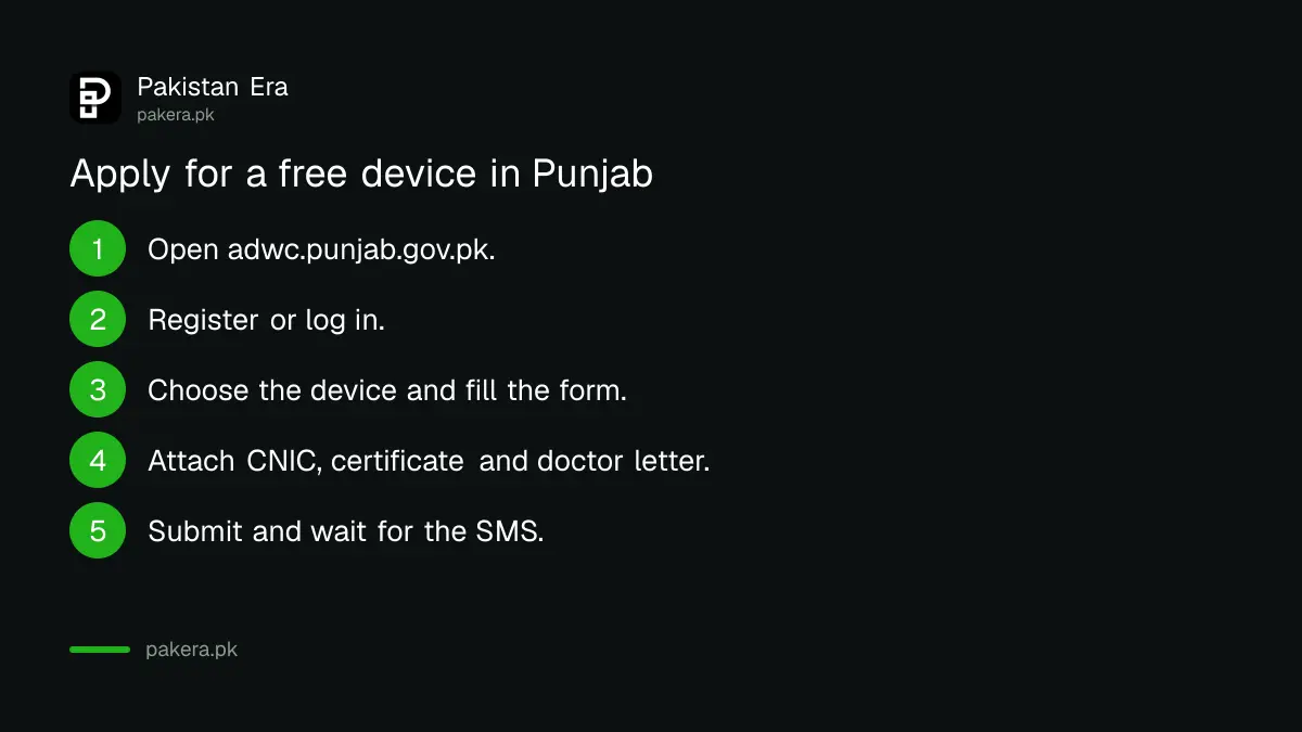 Five steps to apply for a free assistive device in Punjab on the ADWC portal
