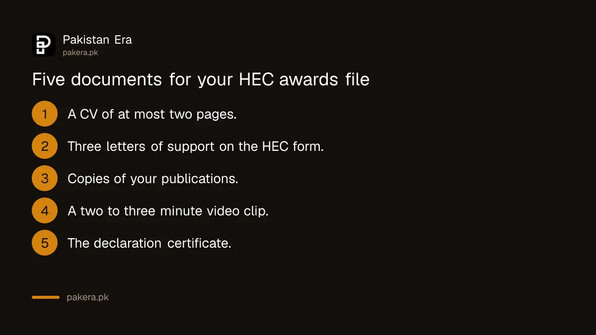 Five documents for the HEC Research Awards 2026-27 application: CV, three support letters, publications, short video and declaration