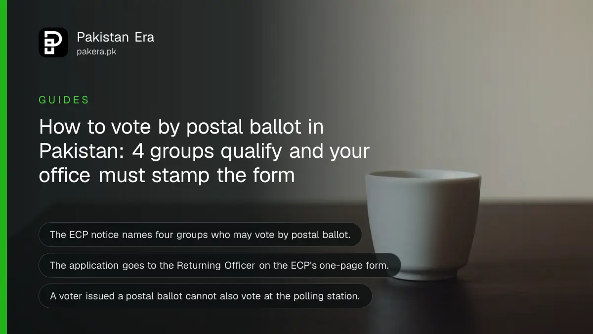 A white ceramic cup on a dark wooden table, for an article on postal ballot Pakistan