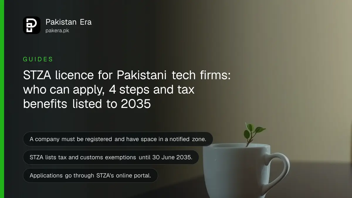 A small green plant and a white cup on a dark wooden table, for a guide to the STZA tech zone licence in Pakistan