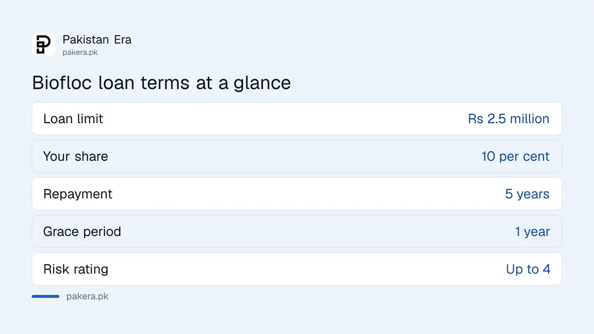 Key terms of the ZTBL biofloc fish farming loan in Pakistan: limit, tenor, grace year and your share