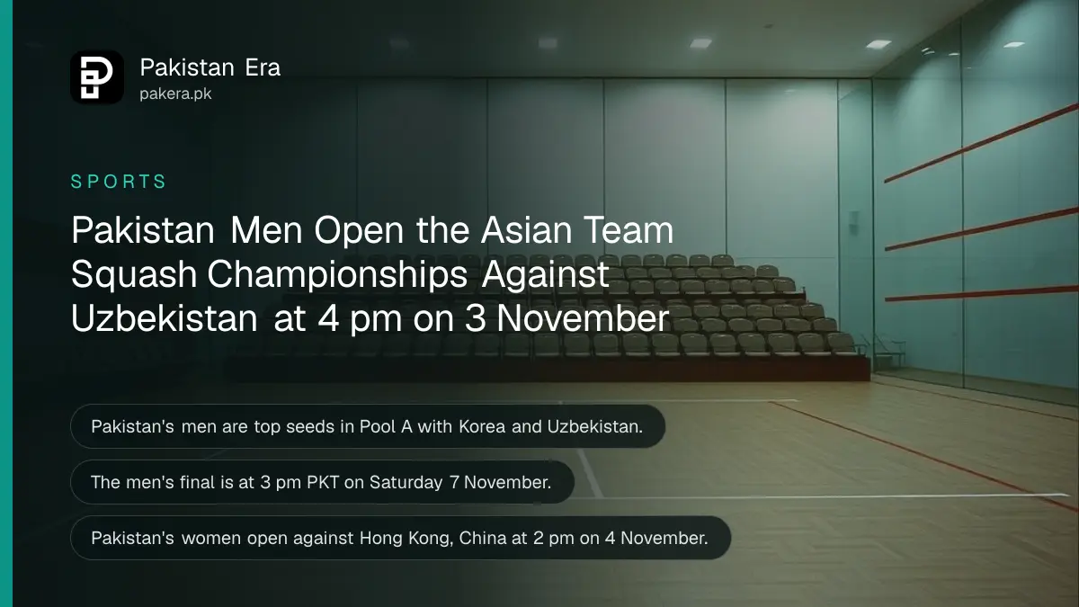 An empty glass-walled squash court with a polished wooden floor under bright lights and empty seats behind