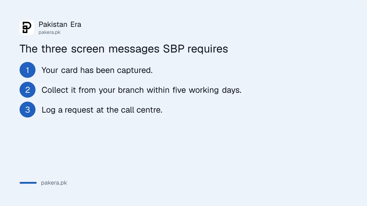 The three screen messages SBP requires when an ATM in Pakistan captures a card