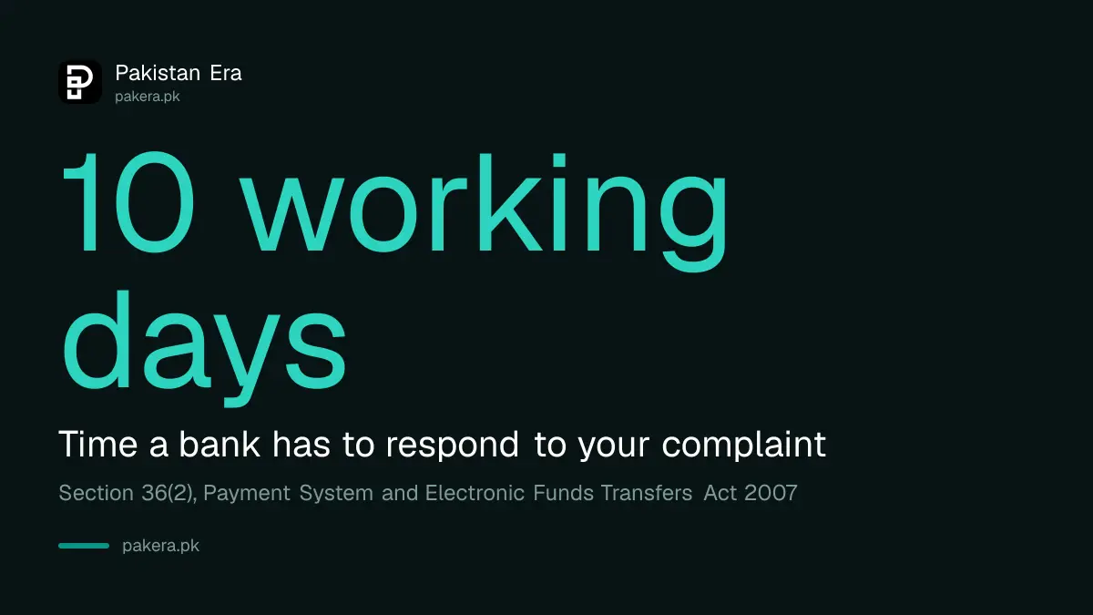 Banks in Pakistan must answer an ATM complaint within 10 working days under section 36(2)
