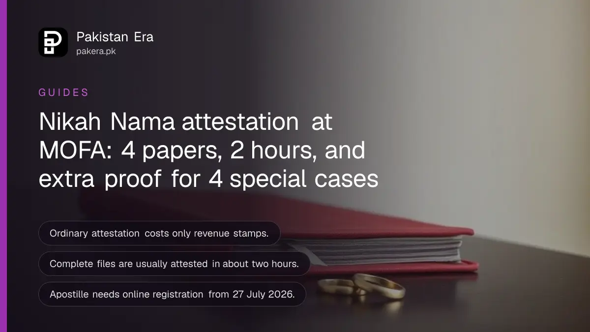 Two plain gold rings beside a red cloth-bound book on a dark wooden table, for a guide on Nikah Nama attestation in Pakistan