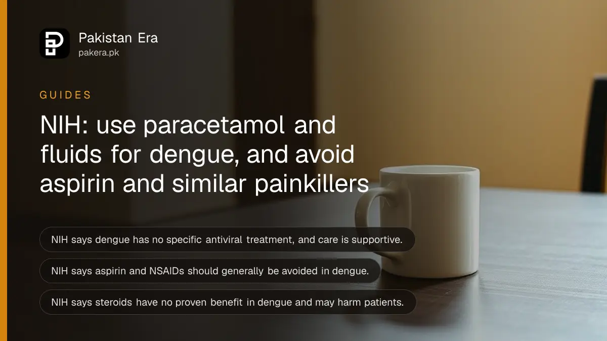 A plain mug on a dark wooden table, for a guide to the right painkiller and care for dengue fever in Pakistan