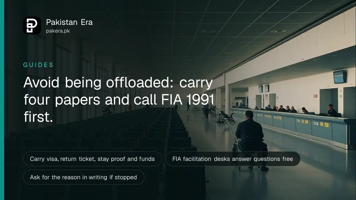 Travellers with passports in a Pakistani airport departure hall