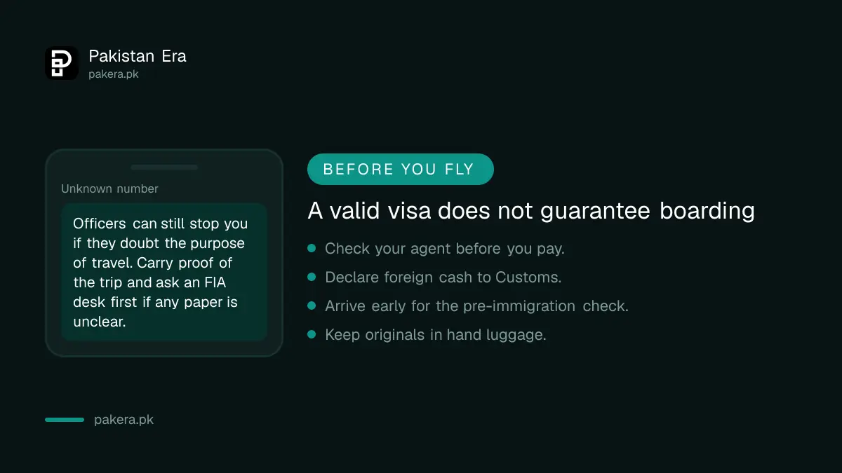 Warning that a valid visa does not guarantee boarding at a Pakistani airport