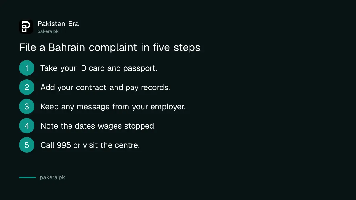 Five steps for a Pakistani worker to file a complaint with the LMRA Expat Protection Centre in Bahrain
