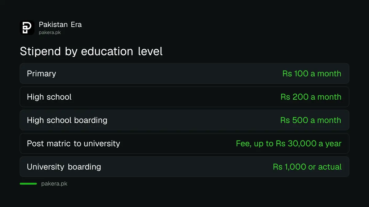 Bait-ul-Mal education stipend amounts by level from primary to university in Pakistan