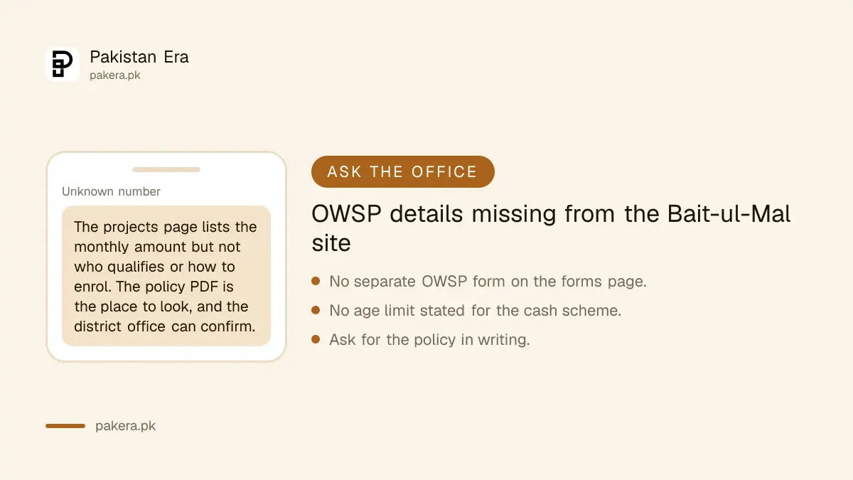 Alert listing what the Bait-ul-Mal site does not say about OWSP eligibility