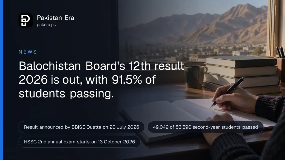 A closed notebook, a pencil and a calculator on a student's desk by a window with mountains in the distance