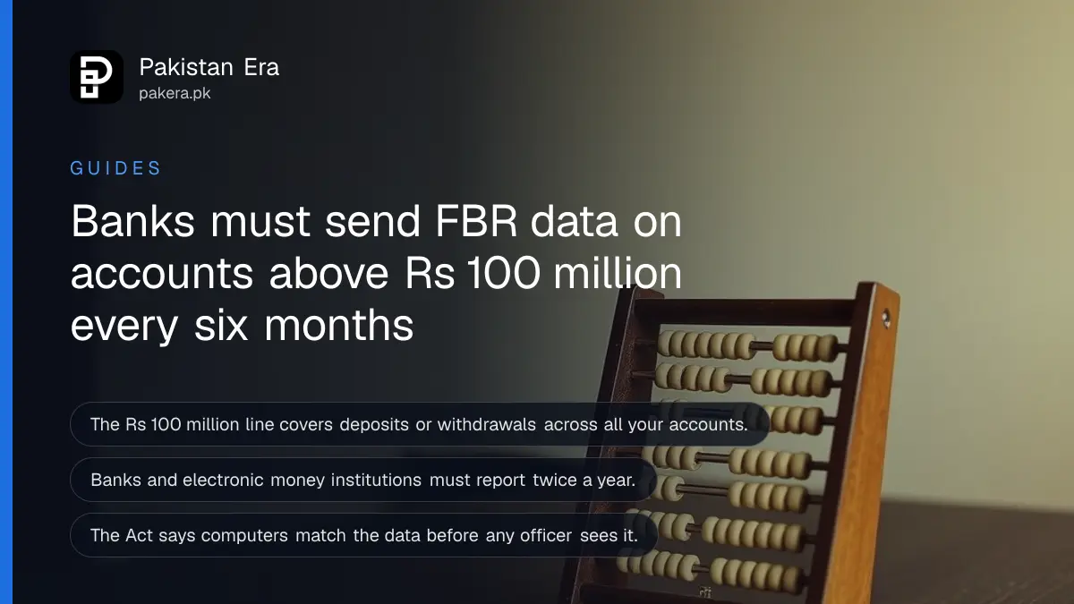 A wooden abacus on a dark wooden table, for a guide on bank accounts reported to FBR in Pakistan