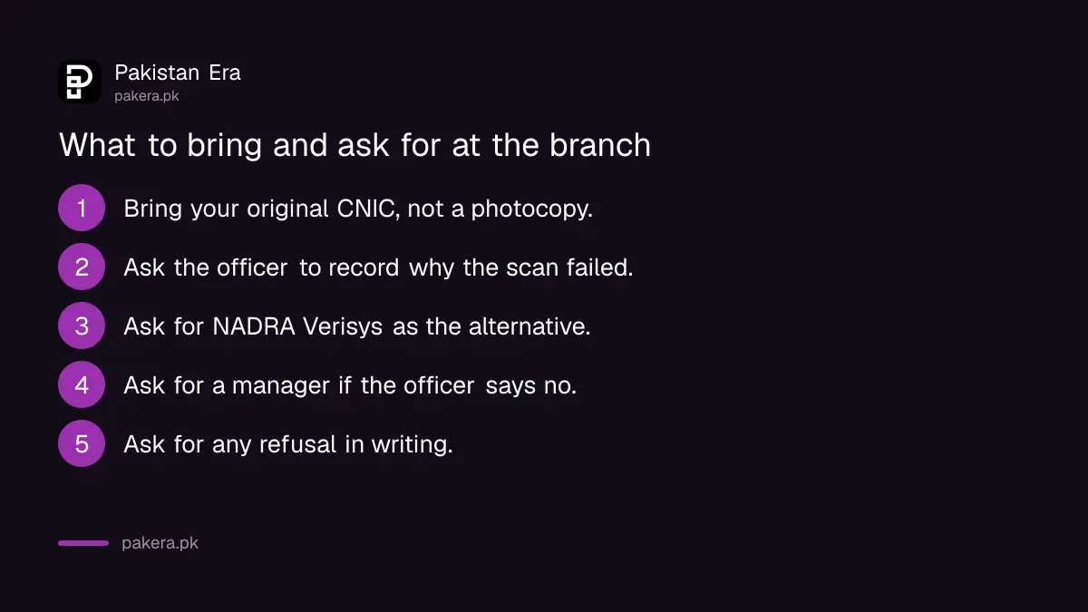 What to bring and ask for at a Pakistani bank branch when a fingerprint will not scan