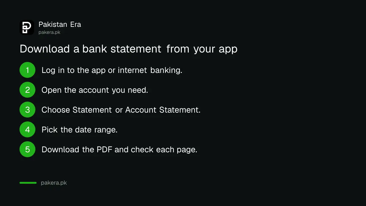 Five steps to download a bank statement from a Pakistani bank app or internet banking