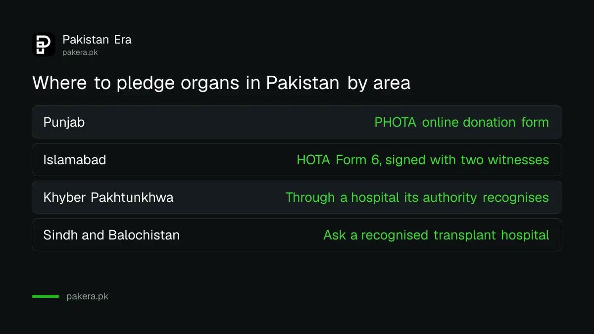 Table of organ donation authorities in Punjab, Islamabad, Khyber Pakhtunkhwa, Sindh and Balochistan