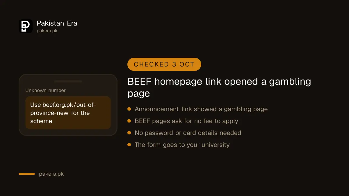 Warning that the BEEF homepage announcement link opened a gambling page on 3 October 2026