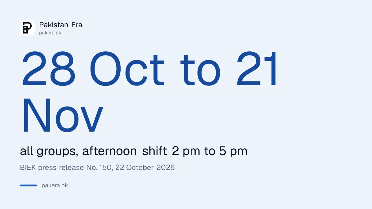 BIEK supplementary exam 2026 dates in Karachi, 28 October to 21 November, 2 pm to 5 pm