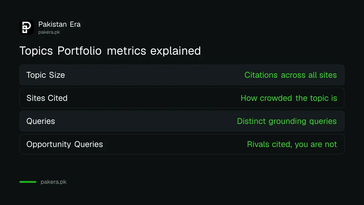 Topics Portfolio metrics: Topic Size, Sites Cited and Queries