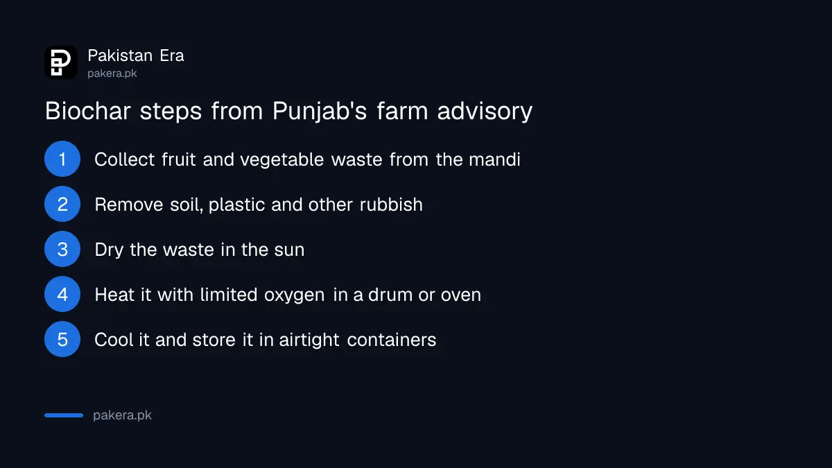 Steps to make biochar from fruit and vegetable waste, as described by the Punjab Agriculture Department