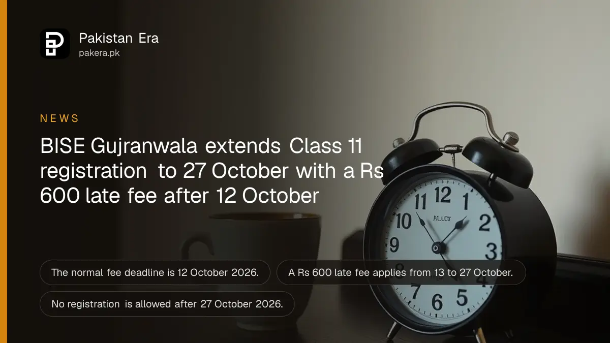 An alarm clock and a cup on a dark wooden table, for BISE Gujranwala Class 11 registration extended