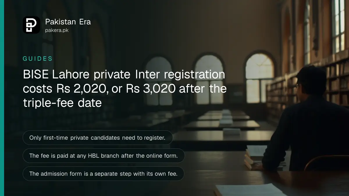 A quiet library reading room in Lahore with wooden tables and closed books in warm light, for a guide to BISE Lahore private Inter registration in 2026
