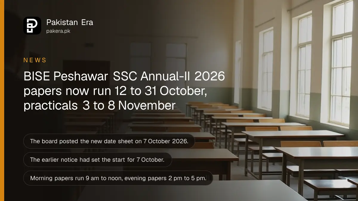 An empty school examination hall in Peshawar with rows of wooden desks and chairs in soft morning light, for the BISE Peshawar SSC Annual-II 2026 date sheet