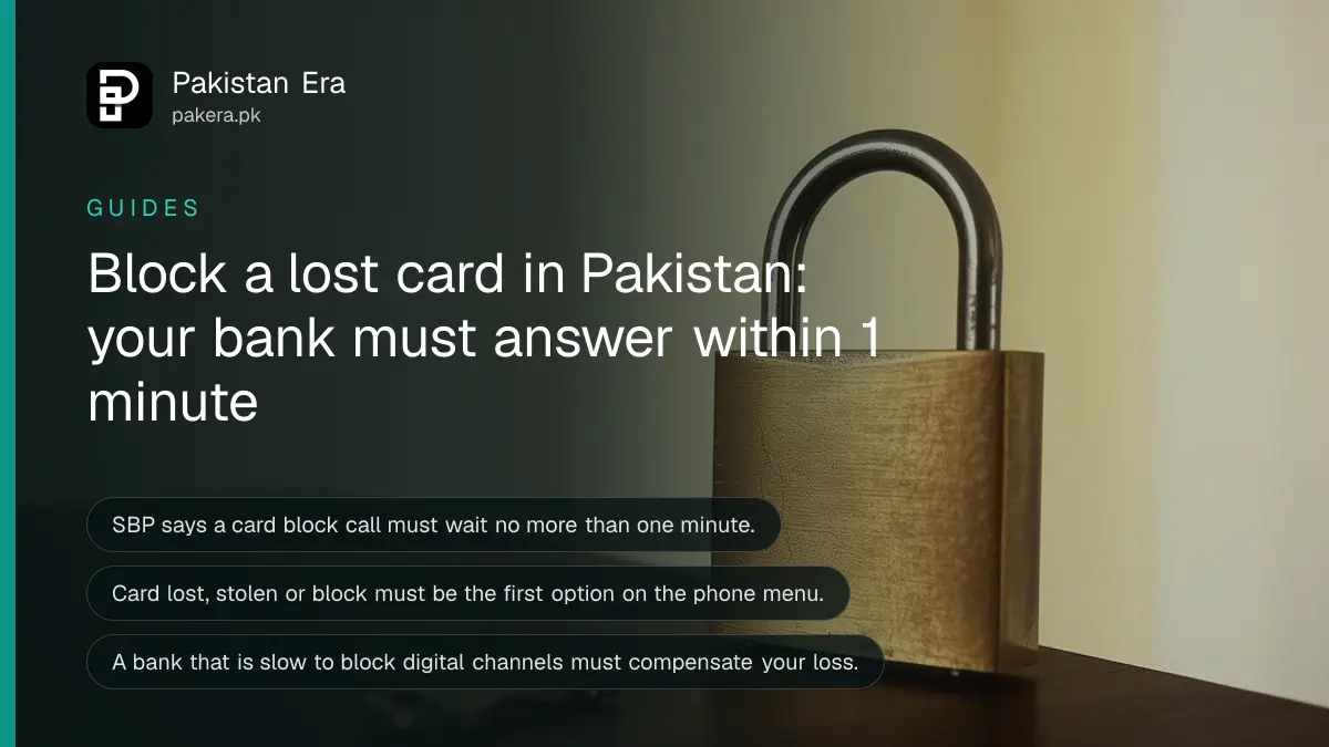A brass padlock and a single key on a dark wooden table, for a guide on blocking a lost bank card in Pakistan