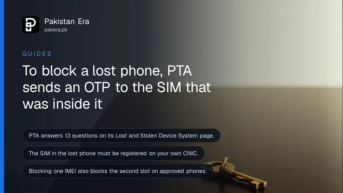 A brass key on a dark wooden table, for a guide to block lost phone pta cms app steps in Pakistan