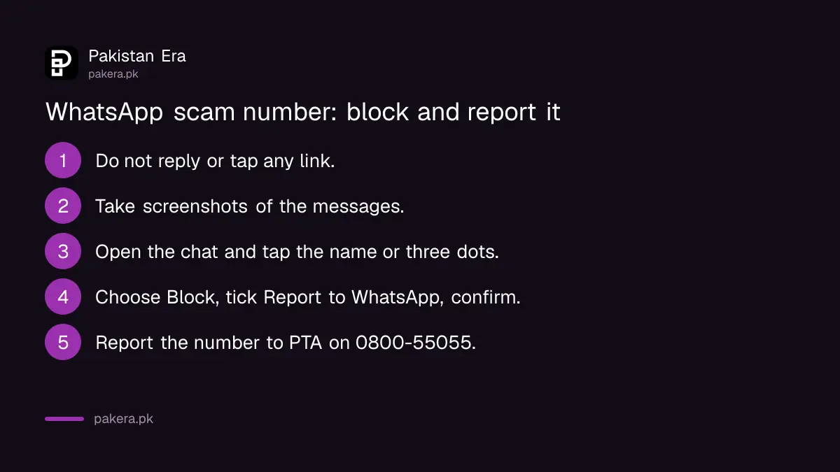 Steps to block and report a scam number on WhatsApp in Pakistan