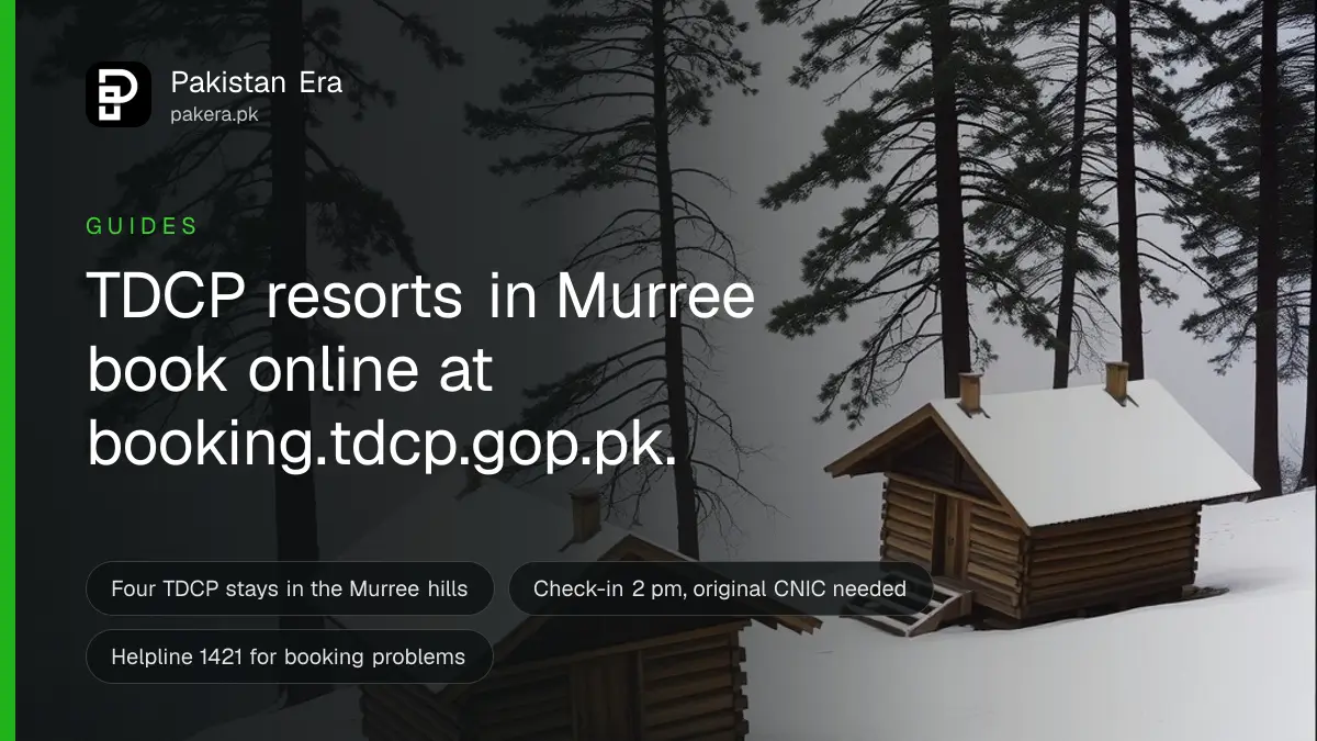 Wooden huts among tall pine trees on a snowy hillside near Murree on a misty winter morning