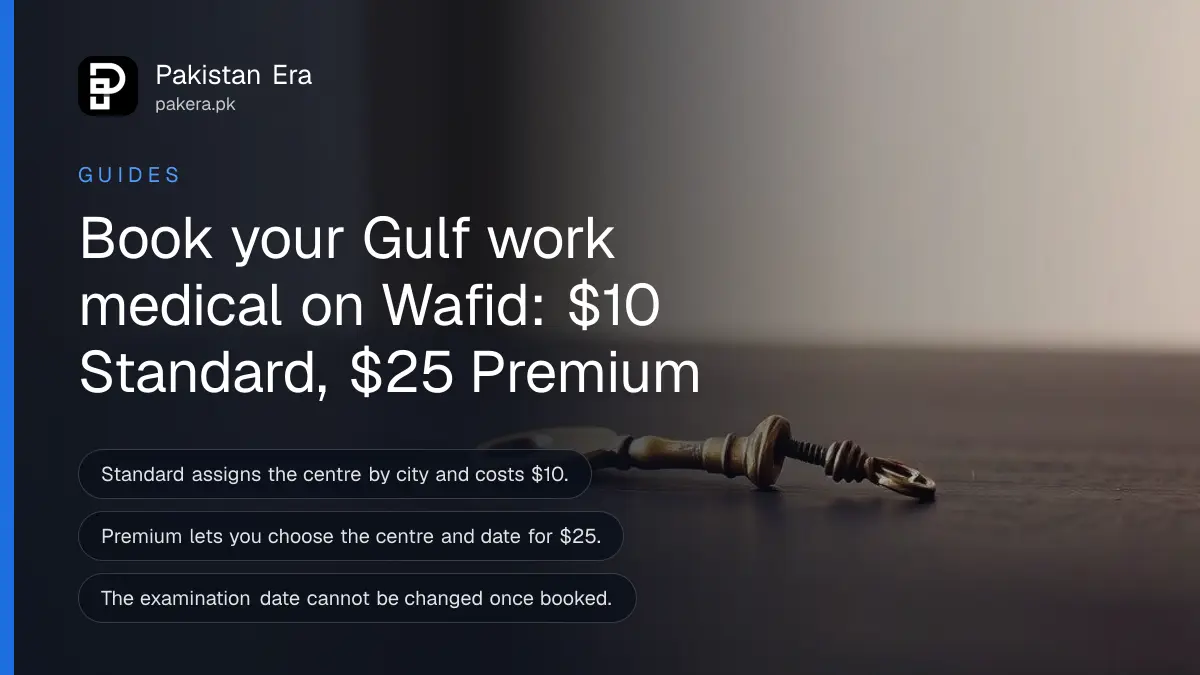 A brass key on a dark wooden table, for an article on wafid medical booking in Pakistan