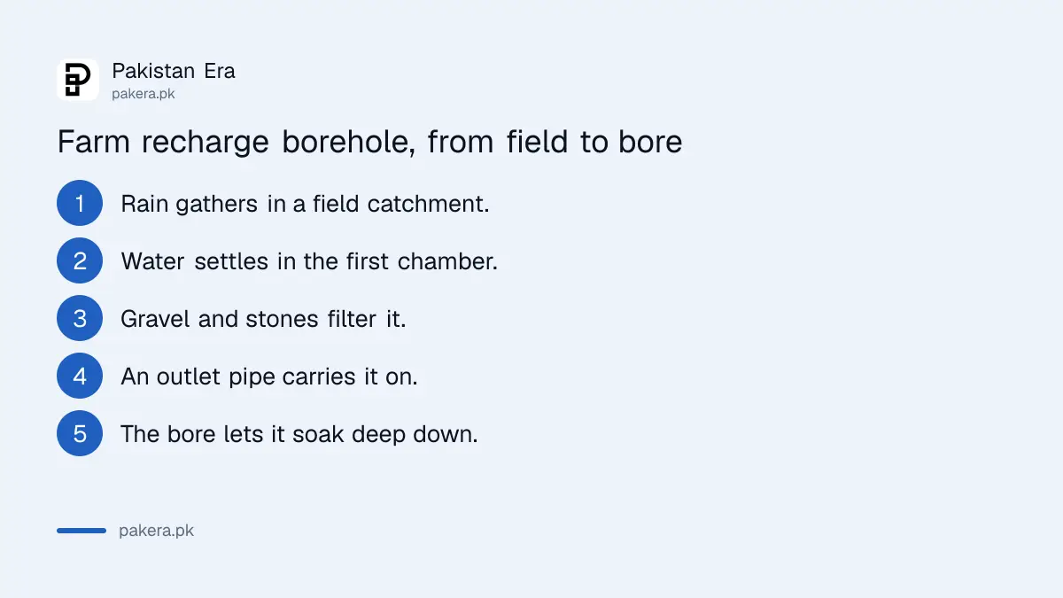 Parts of a farm recharge borehole: catchment, settling chamber, filter and bore