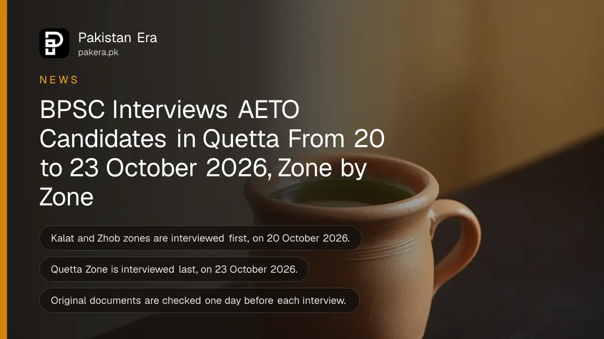 A clay cup of green tea on a dark wooden table against a plain cream wall, for the BPSC AETO interviews in Quetta